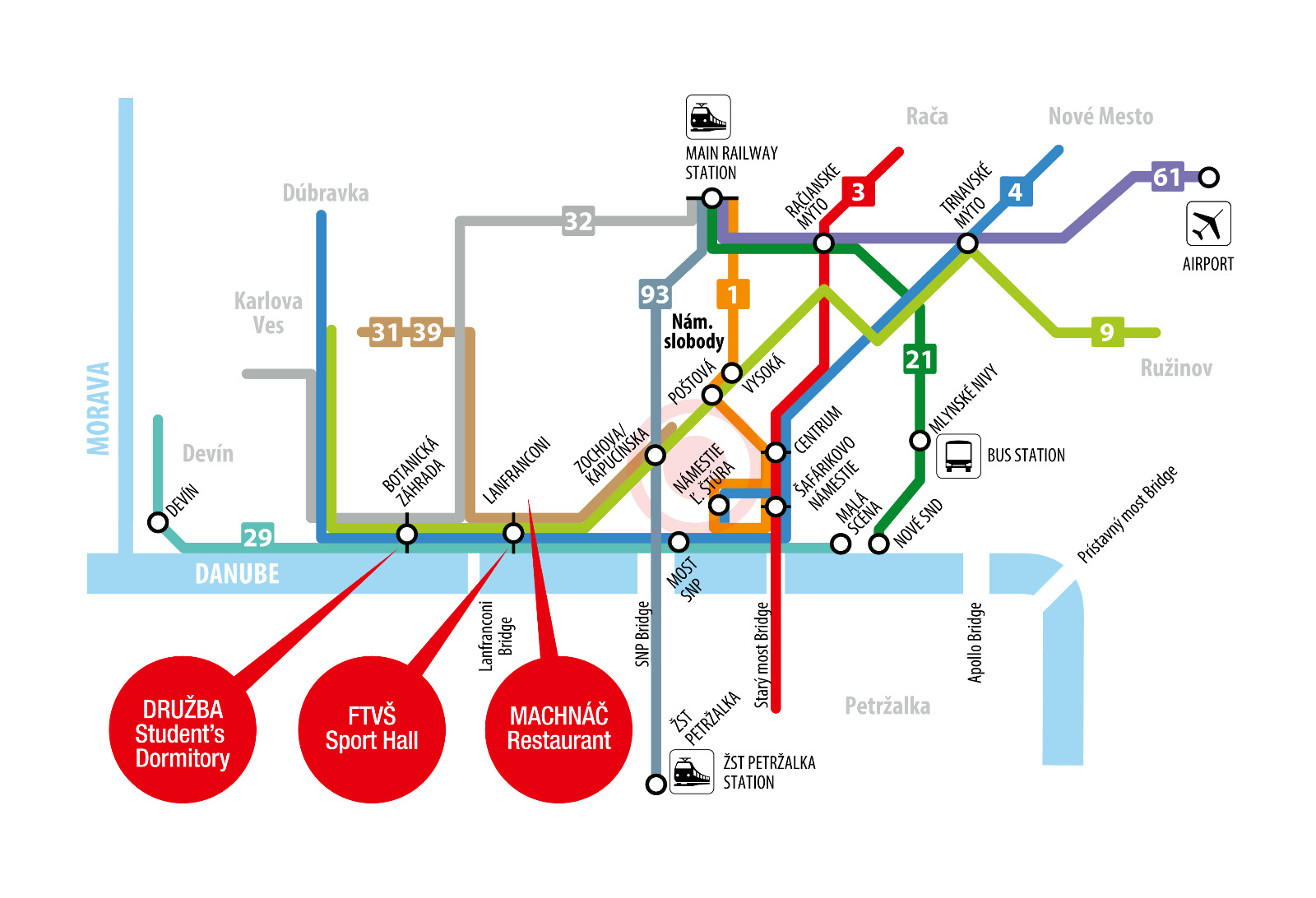 Public transport map - routes to Družba, FTVŠ and Machnáč